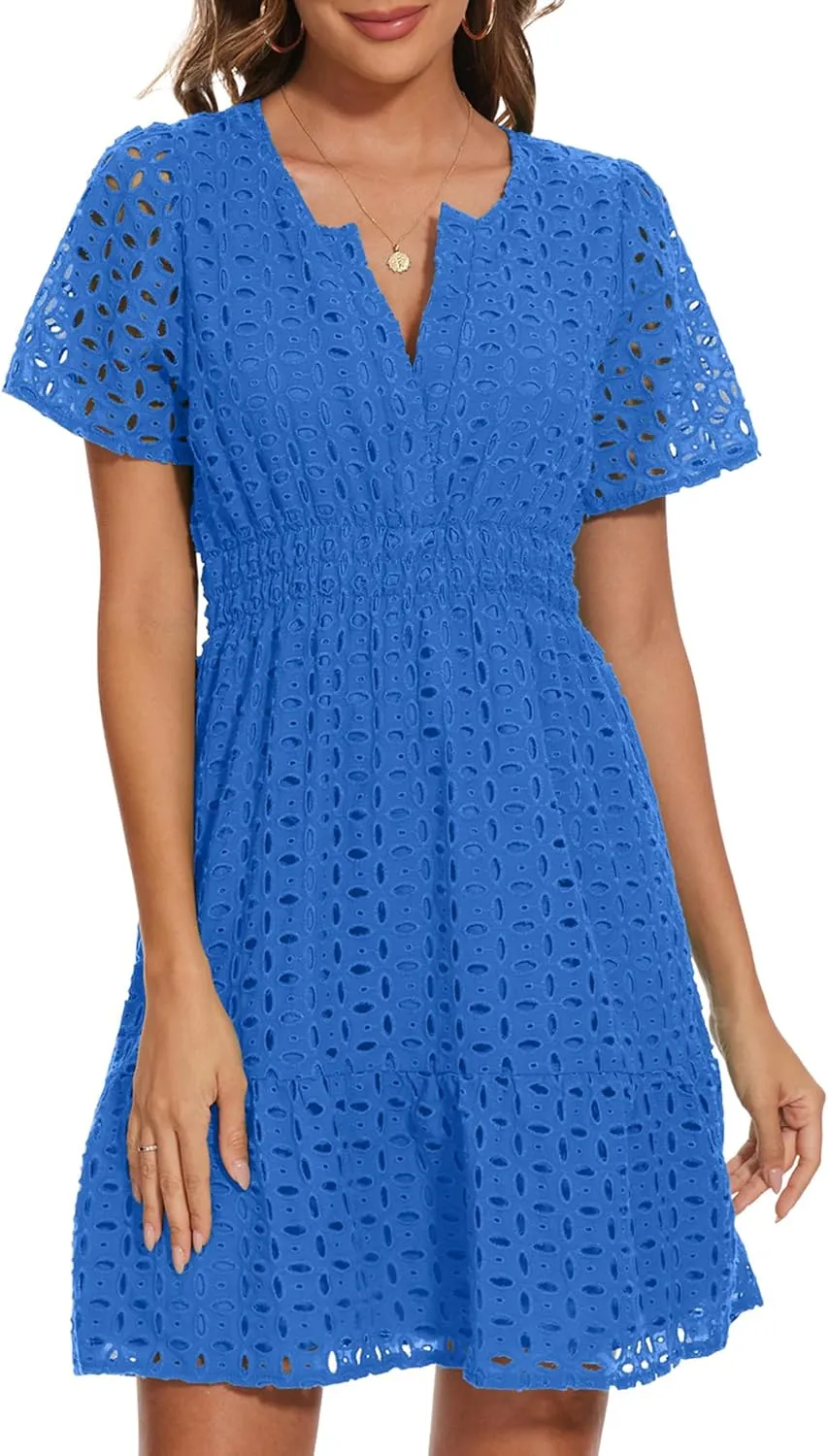 Women Summer Eyelet Lace Dress Casual V Neck Mini A Line Hollow Out Embroidered Formal Dress Sundresses