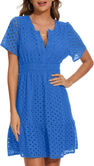 Women Summer Eyelet Lace Dress Casual V Neck Mini A Line Hollow Out Embroidered Formal Dress Sundresses