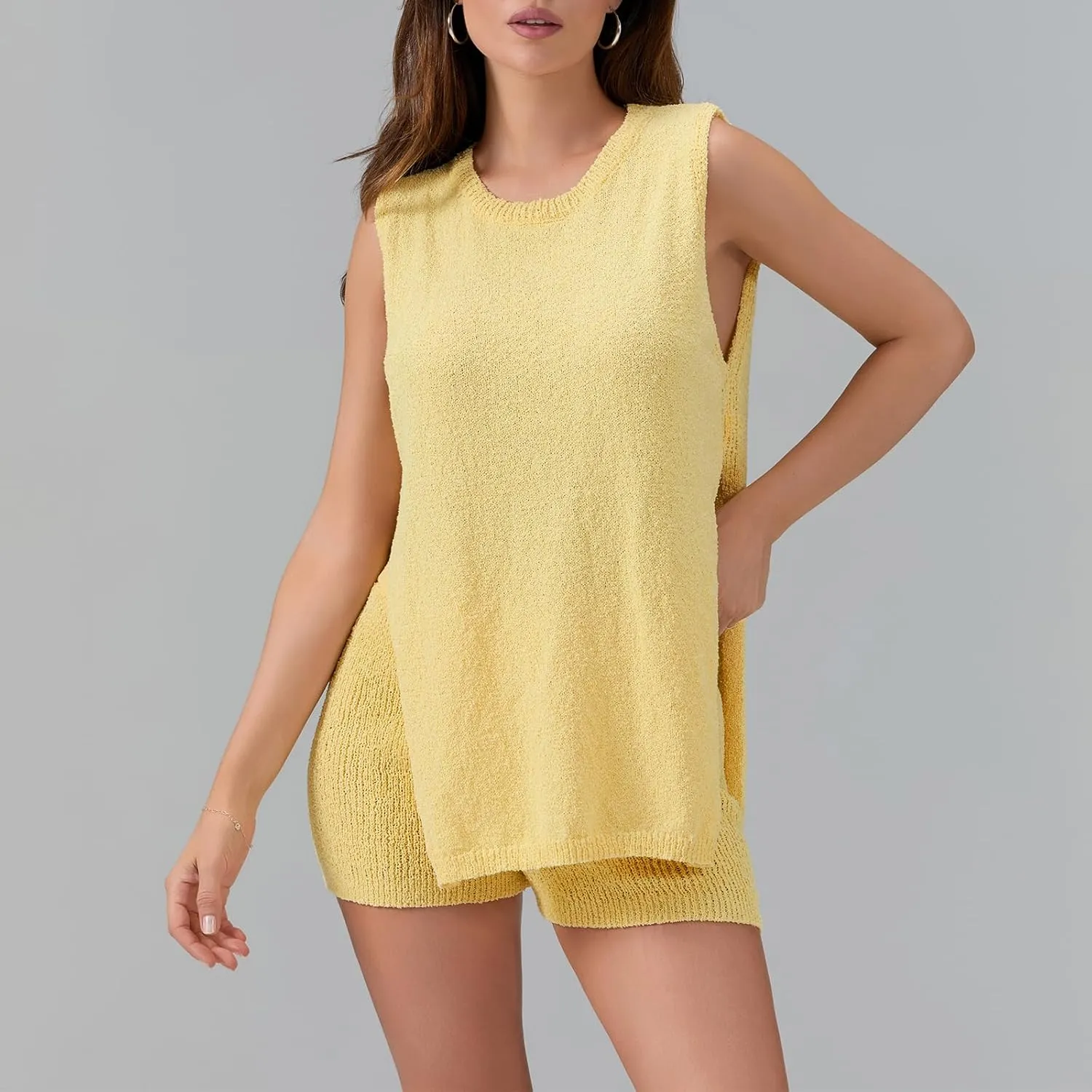 Women Summer Knitted Sweater Set 2 Piece Casual Lounge Set Sleeveless Split Tank Top Shorts Outfits Pajamas Set