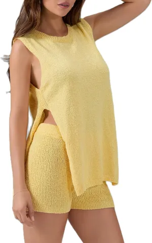 Women Summer Knitted Sweater Set 2 Piece Casual Lounge Set Sleeveless Split Tank Top Shorts Outfits Pajamas Set
