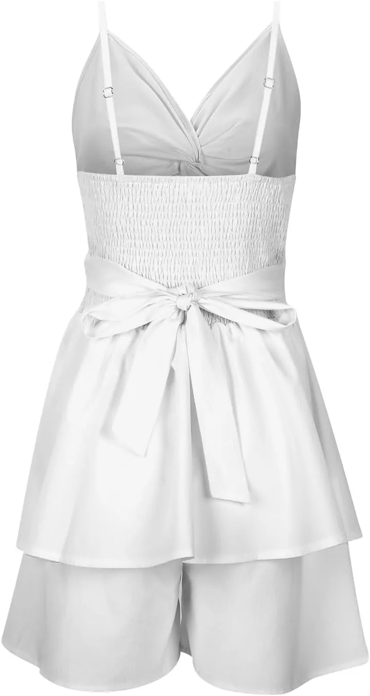 Women Summer Spaghetti Strap Dress Sexy Casual Double Layer Ruffle V Neck Cutout Dresses Beach Cocktail Party Mini Dresses