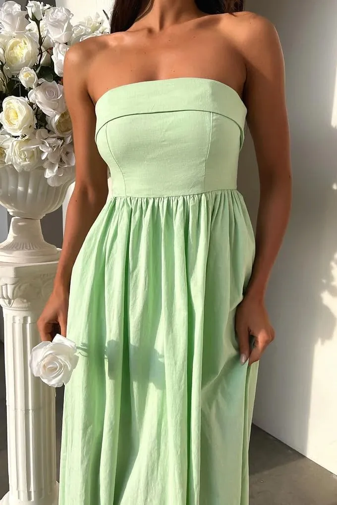 Women Summer Strapless Maxi Tube Dress 2024 Trendy Solid Pleated Flowy Dress Wedding Guest Maxi Dresses Party Club