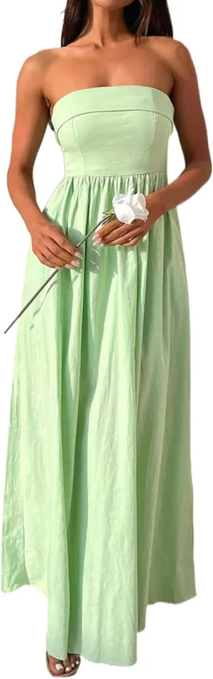 Women Summer Strapless Maxi Tube Dress 2024 Trendy Solid Pleated Flowy Dress Wedding Guest Maxi Dresses Party Club