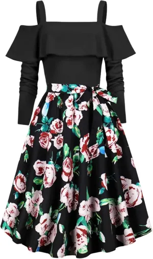 Women's 1950s Retro Vintage Rockabilly Cocktail Dress Ruffles Off Shoulder Long Sleeve Floral Print Patchwork Dresses