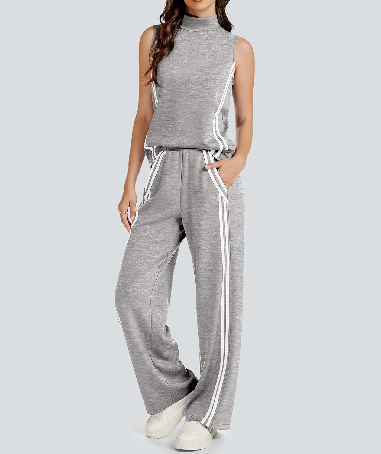 Womens 2 Piece Lounge Set Stripes Travel Outfits Sweatsuit Mock Neck Tank Top Wide Leg Pants Casual Activewear