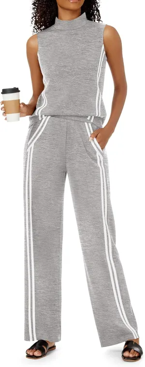 Womens 2 Piece Lounge Set Stripes Travel Outfits Sweatsuit Mock Neck Tank Top Wide Leg Pants Casual Activewear