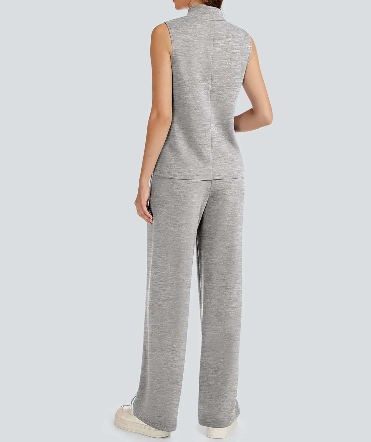 Womens 2 Piece Lounge Set Stripes Travel Outfits Sweatsuit Mock Neck Tank Top Wide Leg Pants Casual Activewear
