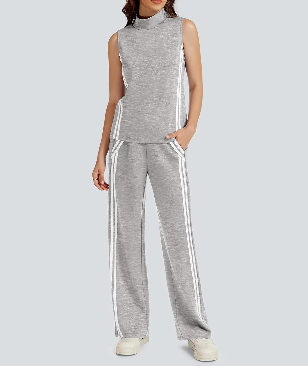 Womens 2 Piece Lounge Set Stripes Travel Outfits Sweatsuit Mock Neck Tank Top Wide Leg Pants Casual Activewear