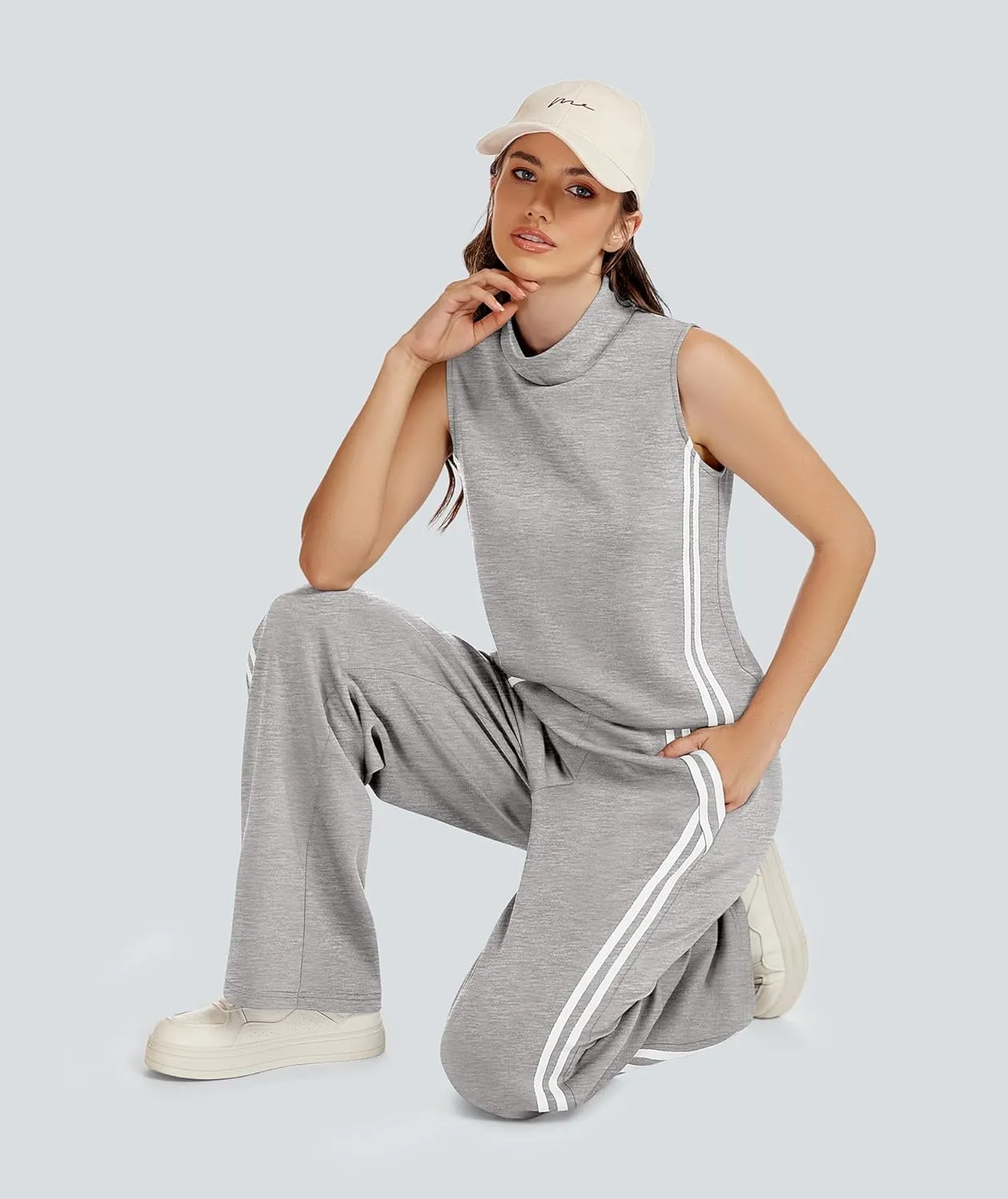 Womens 2 Piece Lounge Set Stripes Travel Outfits Sweatsuit Mock Neck Tank Top Wide Leg Pants Casual Activewear