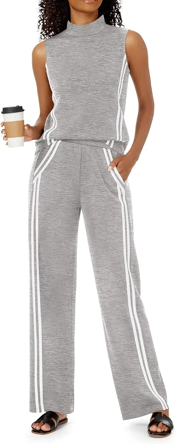 Womens 2 Piece Lounge Set Stripes Travel Outfits Sweatsuit Mock Neck Tank Top Wide Leg Pants Casual Activewear