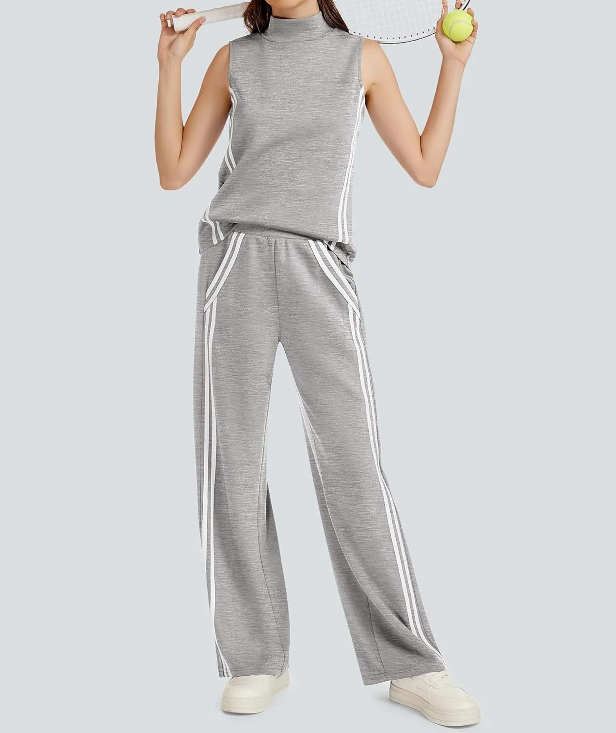 Womens 2 Piece Lounge Set Stripes Travel Outfits Sweatsuit Mock Neck Tank Top Wide Leg Pants Casual Activewear