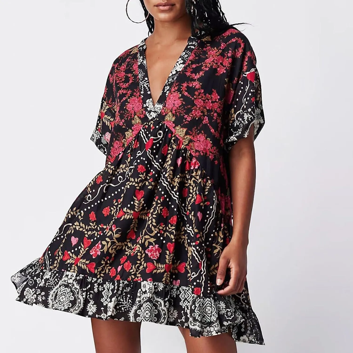 Womens 2024 Boho Mini Dress Y2k Floral Deep V-Neck Puff Sleeve Short Dresses Summer Causal Beach Sundress