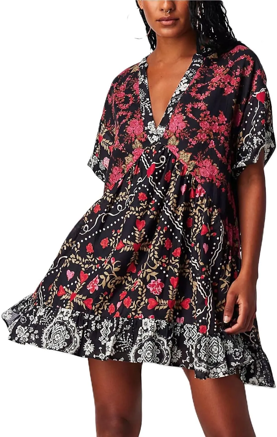 Womens 2024 Boho Mini Dress Y2k Floral Deep V-Neck Puff Sleeve Short Dresses Summer Causal Beach Sundress