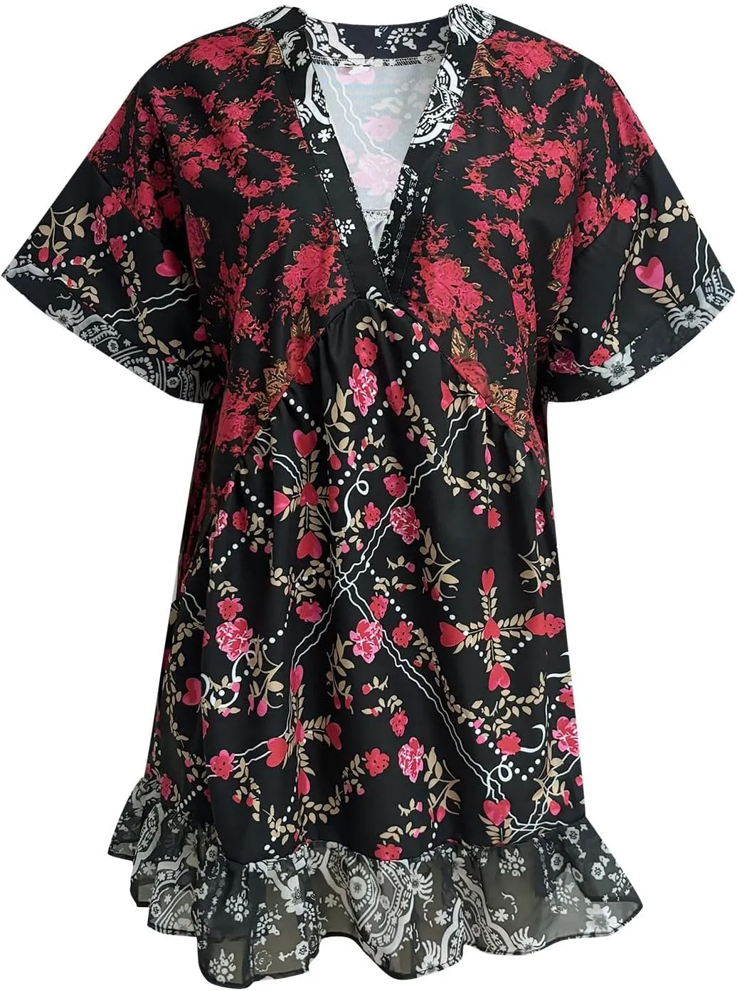 Womens 2024 Boho Mini Dress Y2k Floral Deep V-Neck Puff Sleeve Short Dresses Summer Causal Beach Sundress