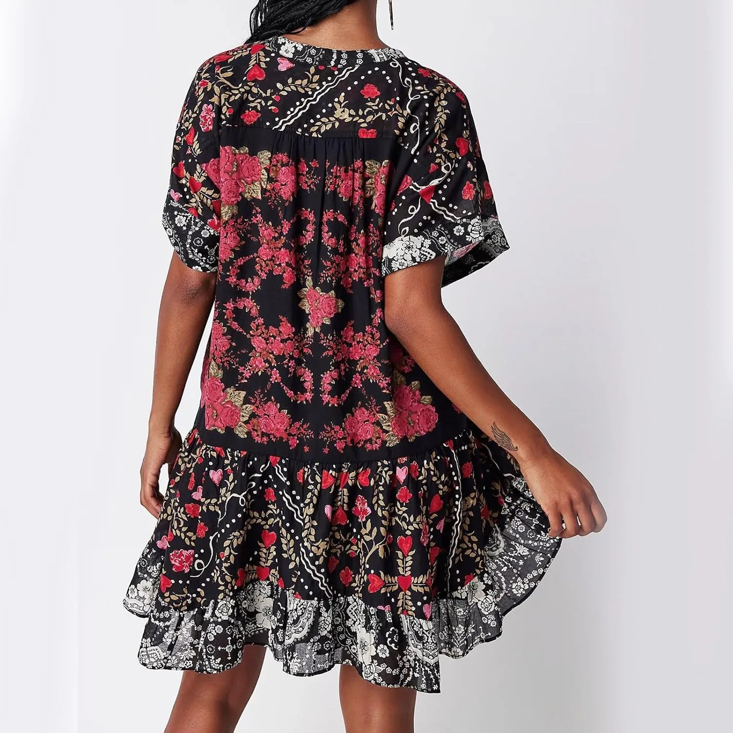 Womens 2024 Boho Mini Dress Y2k Floral Deep V-Neck Puff Sleeve Short Dresses Summer Causal Beach Sundress