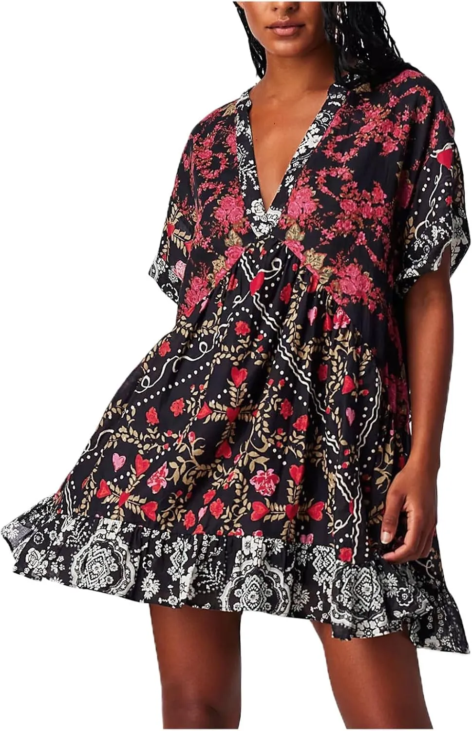 Womens 2024 Boho Mini Dress Y2k Floral Deep V-Neck Puff Sleeve Short Dresses Summer Causal Beach Sundress