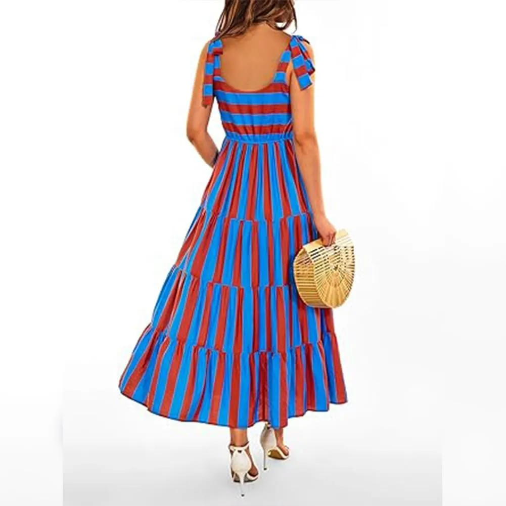 Womens 2024 Summer Sleeveless Spaghetti Strap Long Floral Maxi Dress Boho Flowy Striped Dress A Line Beach Sundresses