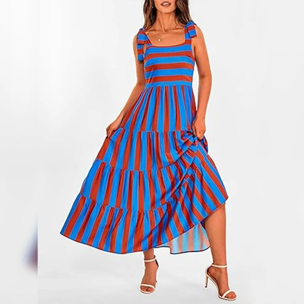 Womens 2024 Summer Sleeveless Spaghetti Strap Long Floral Maxi Dress Boho Flowy Striped Dress A Line Beach Sundresses