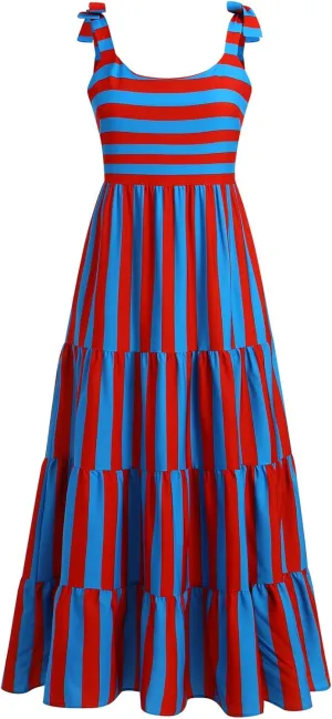 Womens 2024 Summer Sleeveless Spaghetti Strap Long Floral Maxi Dress Boho Flowy Striped Dress A Line Beach Sundresses