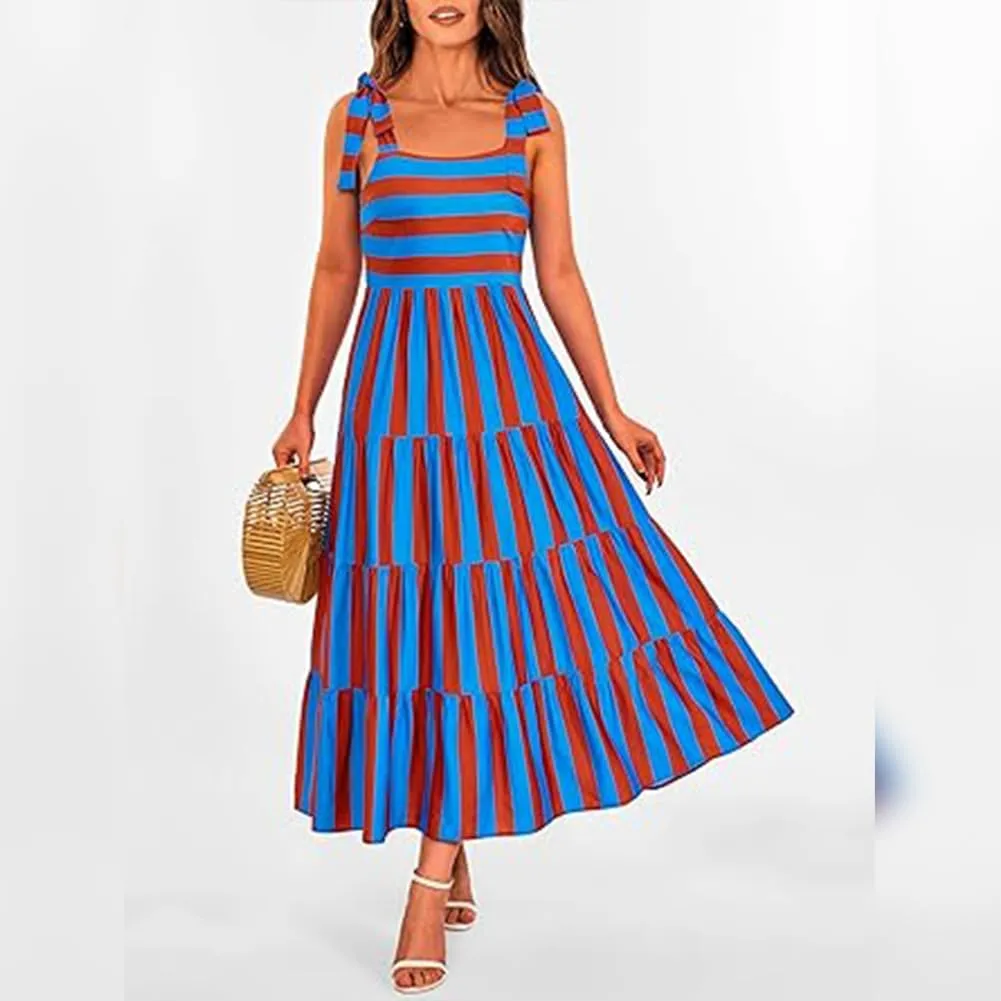 Womens 2024 Summer Sleeveless Spaghetti Strap Long Floral Maxi Dress Boho Flowy Striped Dress A Line Beach Sundresses