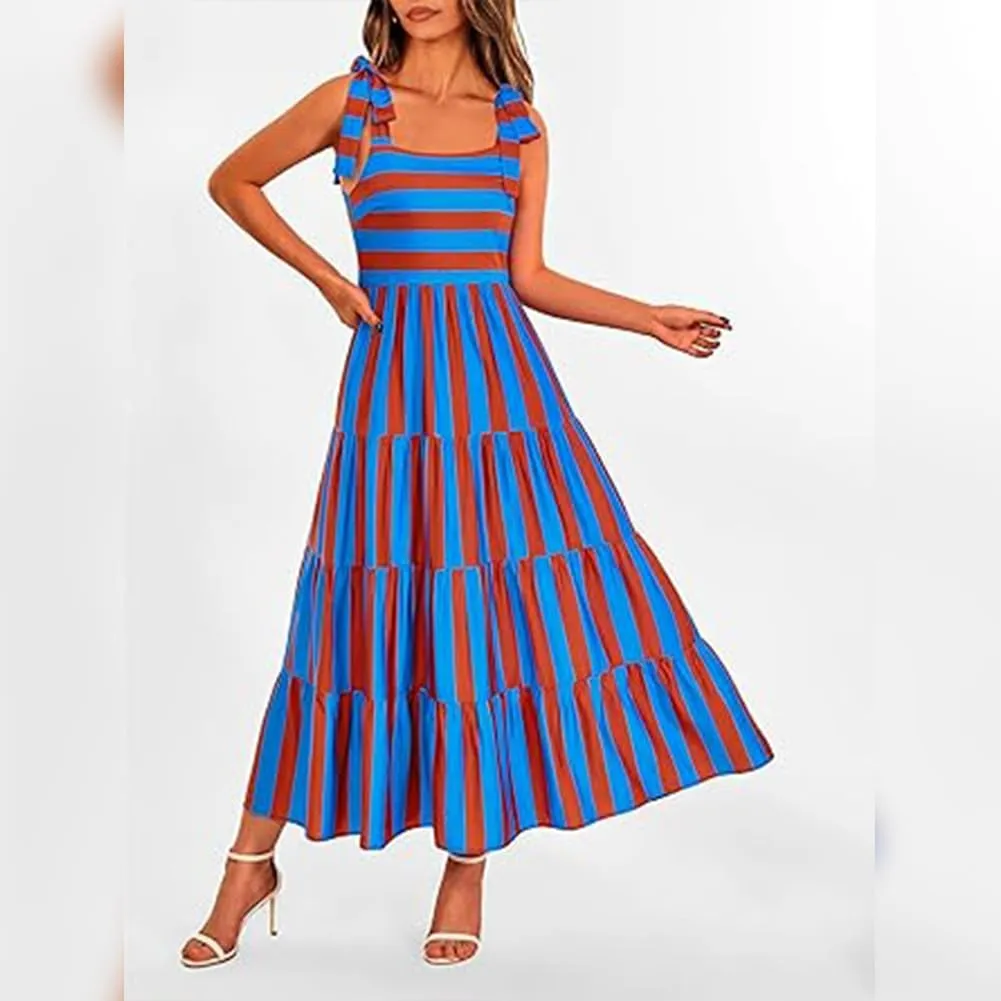 Womens 2024 Summer Sleeveless Spaghetti Strap Long Floral Maxi Dress Boho Flowy Striped Dress A Line Beach Sundresses