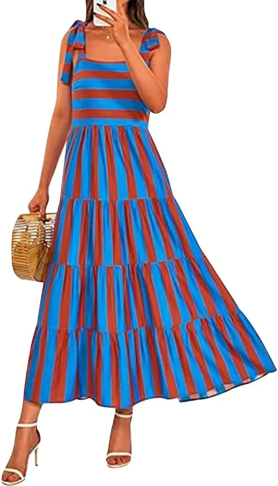 Womens 2024 Summer Sleeveless Spaghetti Strap Long Floral Maxi Dress Boho Flowy Striped Dress A Line Beach Sundresses