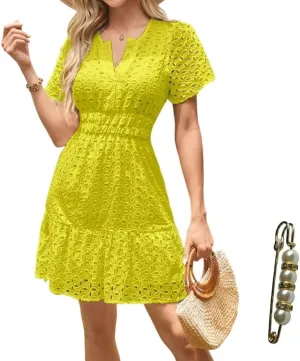 Womens 2025 Dress V Neck Short Sleeve A Line Hollow Out Eyelet Lace Ruffle Casual Party Mini Formal Dresses Sundress