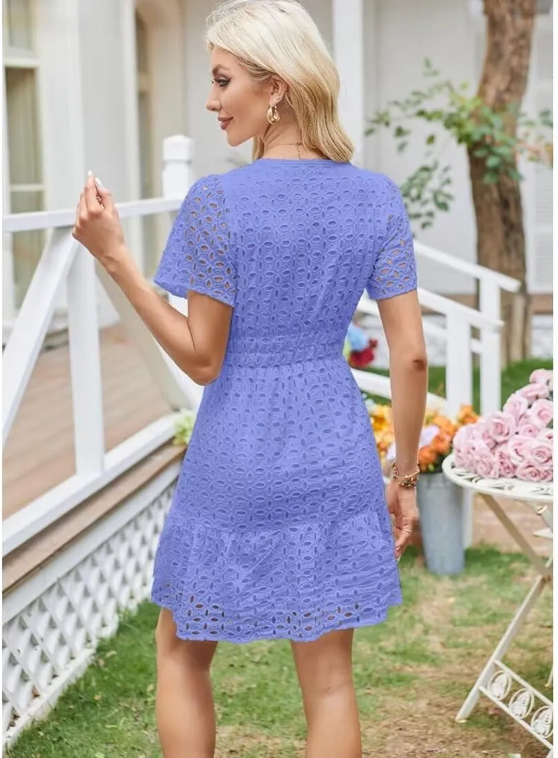 Womens 2025 Dress V Neck Short Sleeve A Line Hollow Out Eyelet Lace Ruffle Casual Party Mini Formal Dresses Sundress