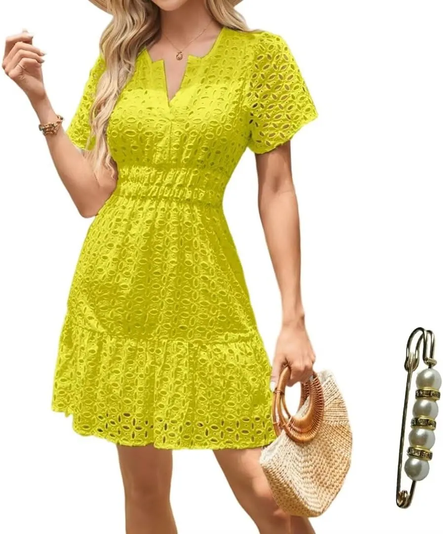 Womens 2025 Dress V Neck Short Sleeve A Line Hollow Out Eyelet Lace Ruffle Casual Party Mini Formal Dresses Sundress
