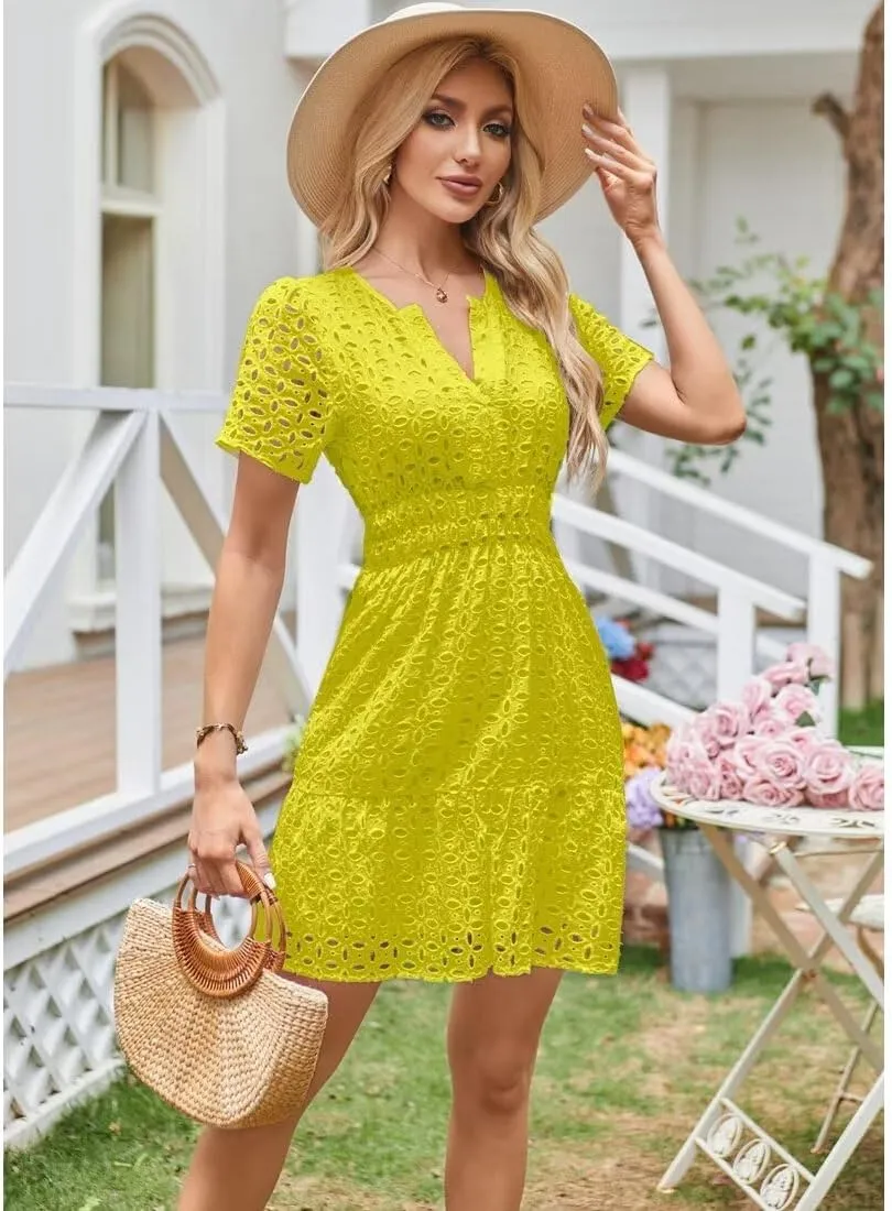 Womens 2025 Dress V Neck Short Sleeve A Line Hollow Out Eyelet Lace Ruffle Casual Party Mini Formal Dresses Sundress