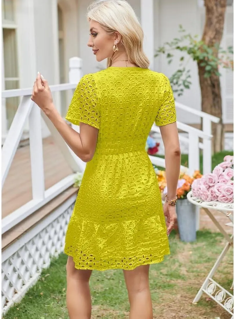Womens 2025 Dress V Neck Short Sleeve A Line Hollow Out Eyelet Lace Ruffle Casual Party Mini Formal Dresses Sundress