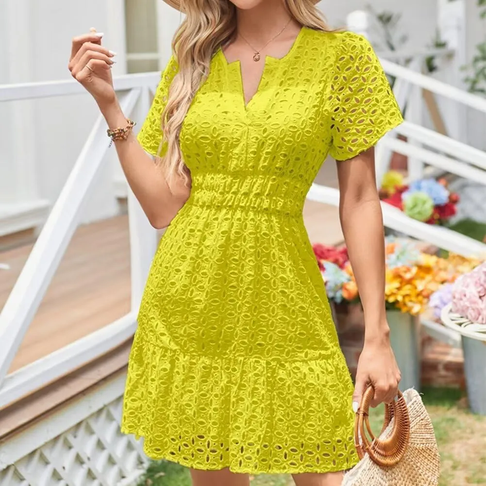 Womens 2025 Dress V Neck Short Sleeve A Line Hollow Out Eyelet Lace Ruffle Casual Party Mini Formal Dresses Sundress