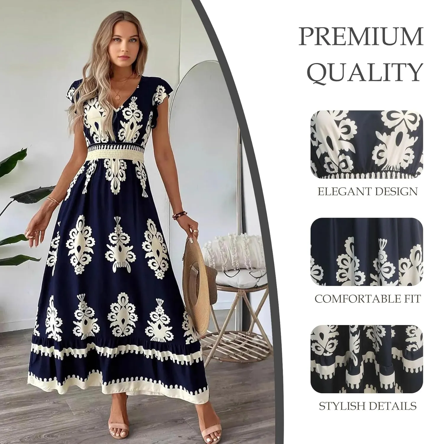 Women's 2025 Summer Boho Floral Maxi Dress - Sleeveless Square Neck Smocked A-Line Beach & Day Out