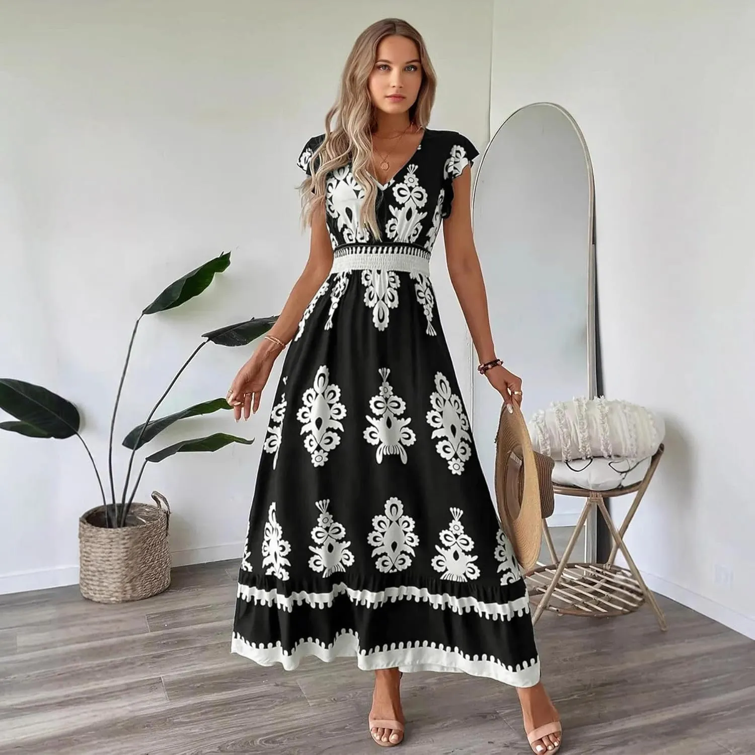 Women's 2025 Summer Boho Floral Maxi Dress - Sleeveless Square Neck Smocked A-Line Beach & Day Out