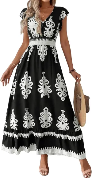 Women's 2025 Summer Boho Floral Maxi Dress - Sleeveless Square Neck Smocked A-Line Beach & Day Out