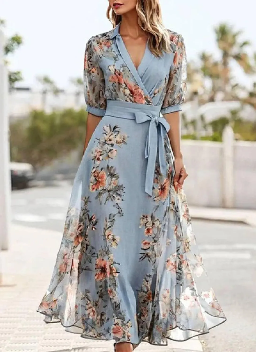 Women's 2025 Summer Floral Boho Dress Wrap V Neck Short Sleeve Ruffle A-Line Sundress Flowy Maxi Wedding Guest Dresses