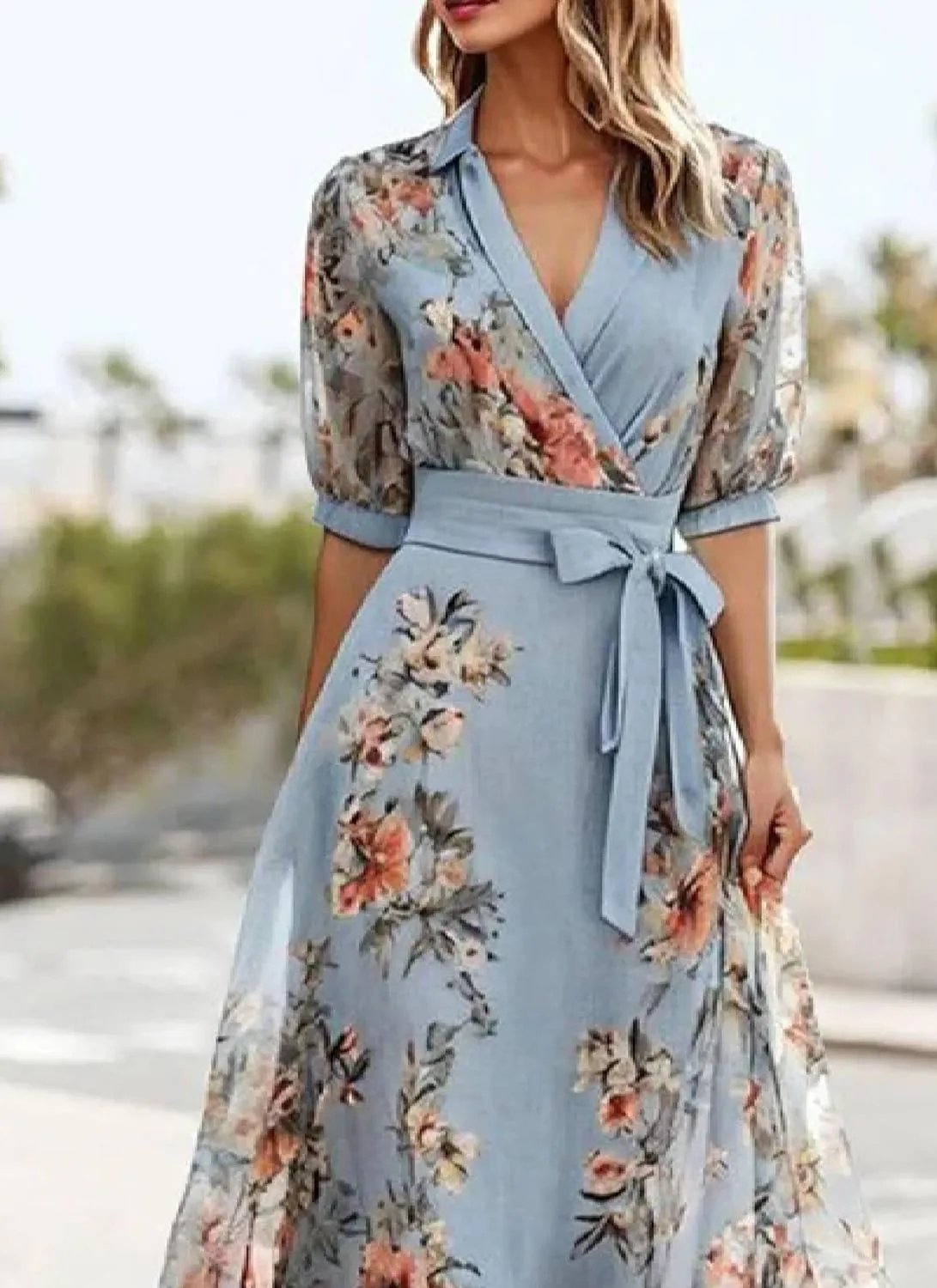 Women's 2025 Summer Floral Boho Dress Wrap V Neck Short Sleeve Ruffle A-Line Sundress Flowy Maxi Wedding Guest Dresses