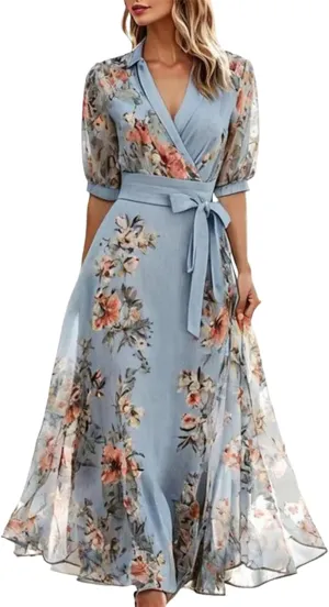 Women's 2025 Summer Floral Boho Dress Wrap V Neck Short Sleeve Ruffle A-Line Sundress Flowy Maxi Wedding Guest Dresses