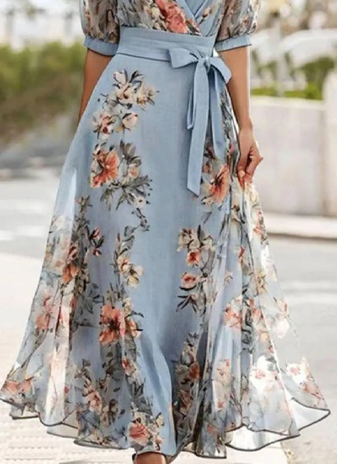 Women's 2025 Summer Floral Boho Dress Wrap V Neck Short Sleeve Ruffle A-Line Sundress Flowy Maxi Wedding Guest Dresses