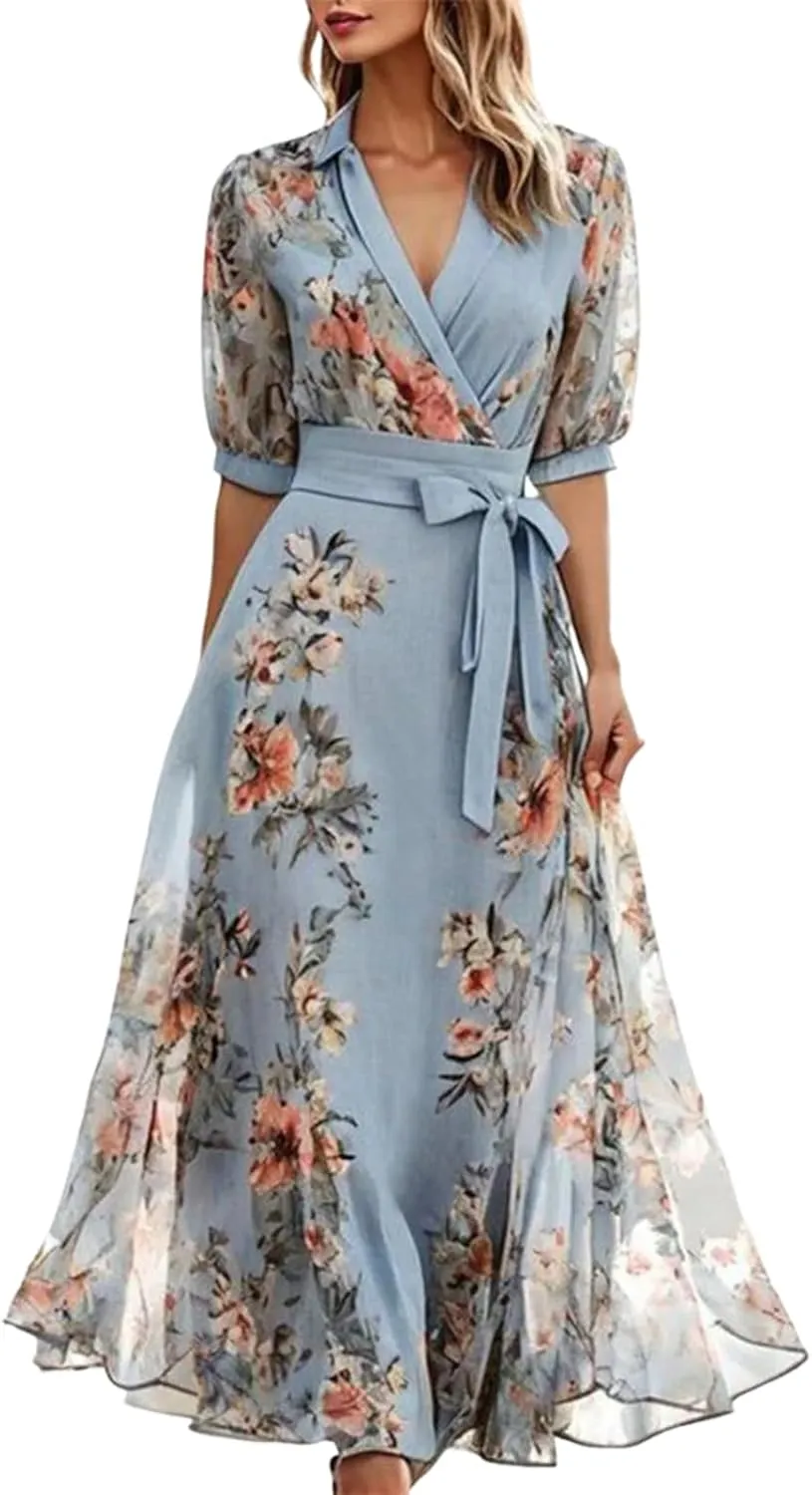 Women's 2025 Summer Floral Boho Dress Wrap V Neck Short Sleeve Ruffle A-Line Sundress Flowy Maxi Wedding Guest Dresses