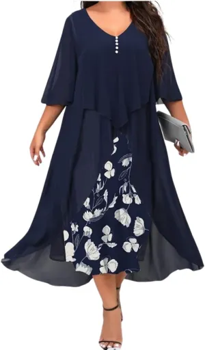 Women's 3/4 Sleeve Dating A Line Dress Business V Neck Sundress Sexy Loose Fit Midi Dress