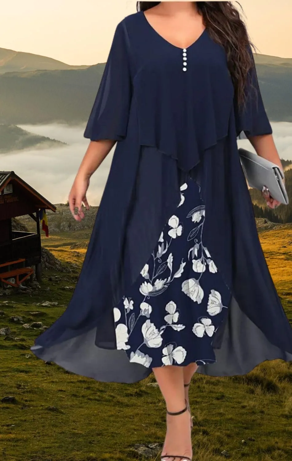 Women's 3/4 Sleeve Dating A Line Dress Business V Neck Sundress Sexy Loose Fit Midi Dress