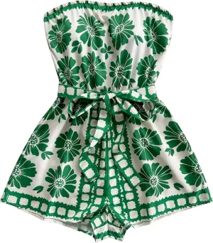 Womens Boho Floral Strapless Rompers Summer Beach Belted Rompers Tie Cinched Waist Tube Top Short Jumpsuit
