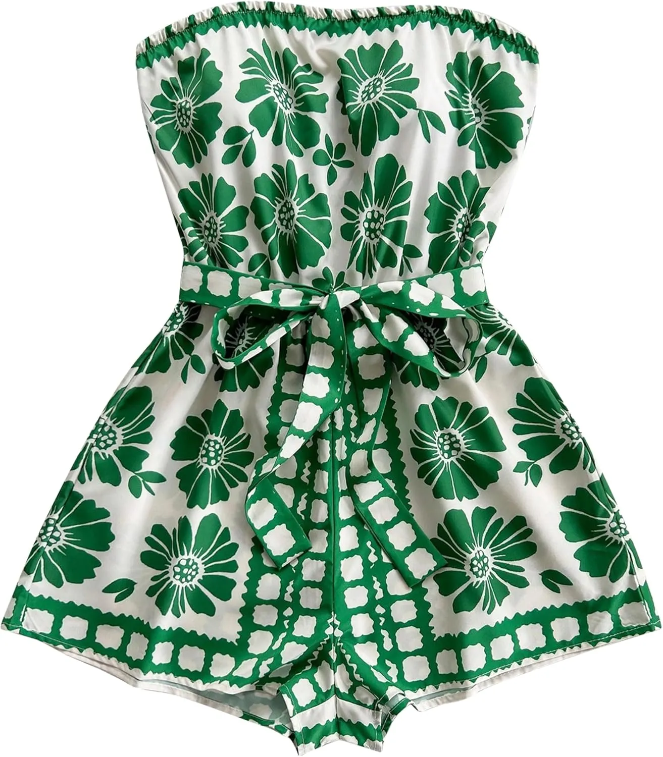 Womens Boho Floral Strapless Rompers Summer Beach Belted Rompers Tie Cinched Waist Tube Top Short Jumpsuit