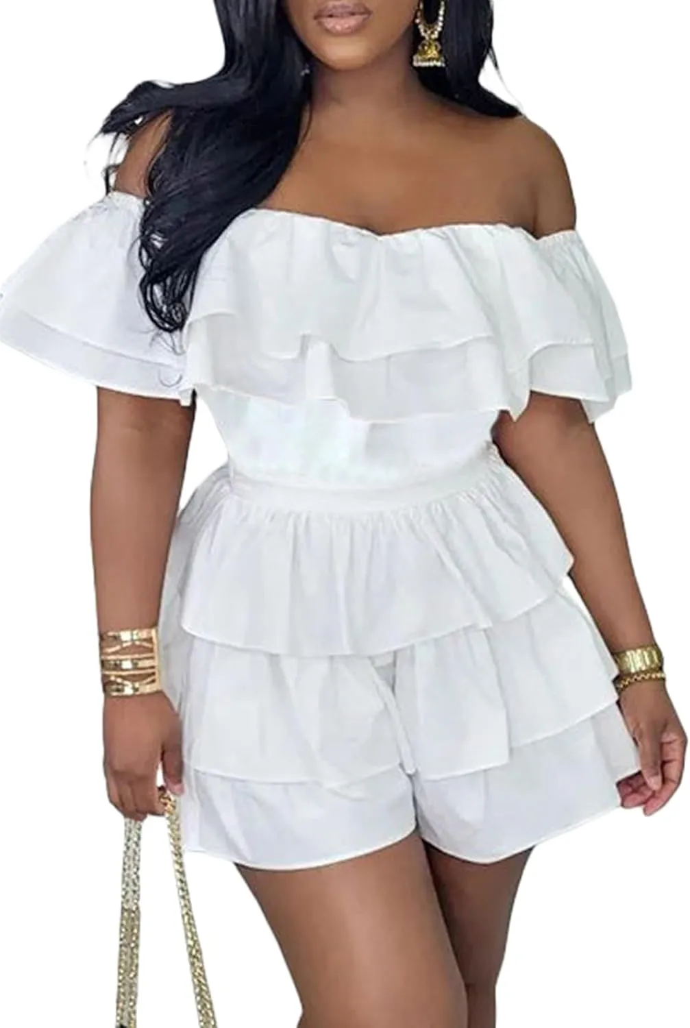 Womens Boho off Shoulder Rompers Summer Ruffle Dresses Short Sleeve Tiered Short Jumpsuits