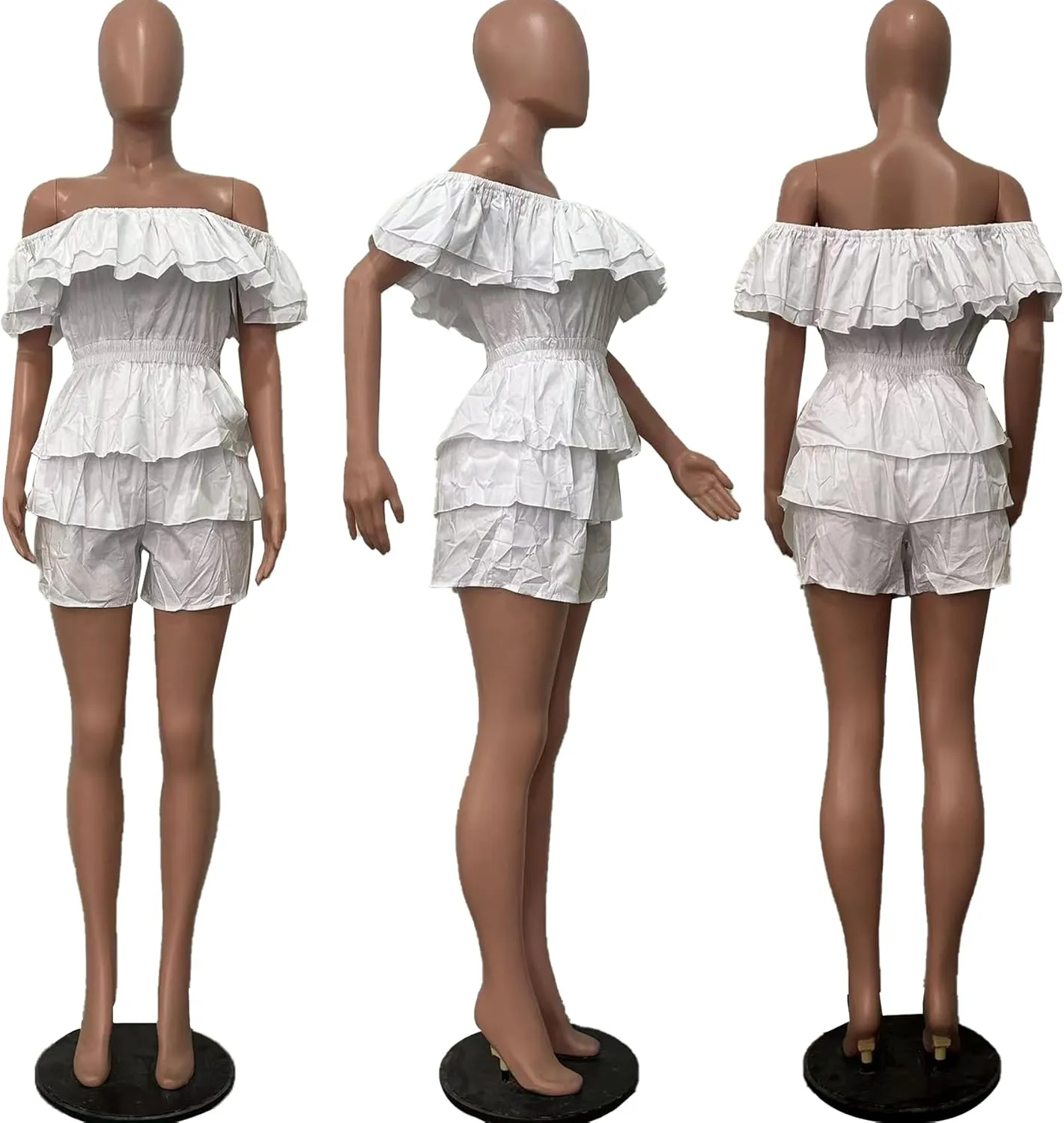 Womens Boho off Shoulder Rompers Summer Ruffle Dresses Short Sleeve Tiered Short Jumpsuits