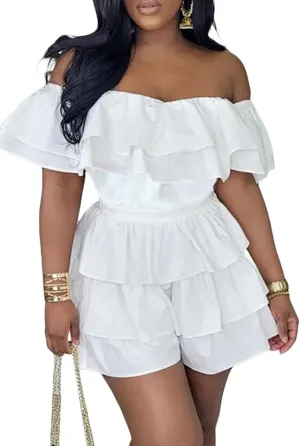 Womens Boho off Shoulder Rompers Summer Ruffle Dresses Short Sleeve Tiered Short Jumpsuits
