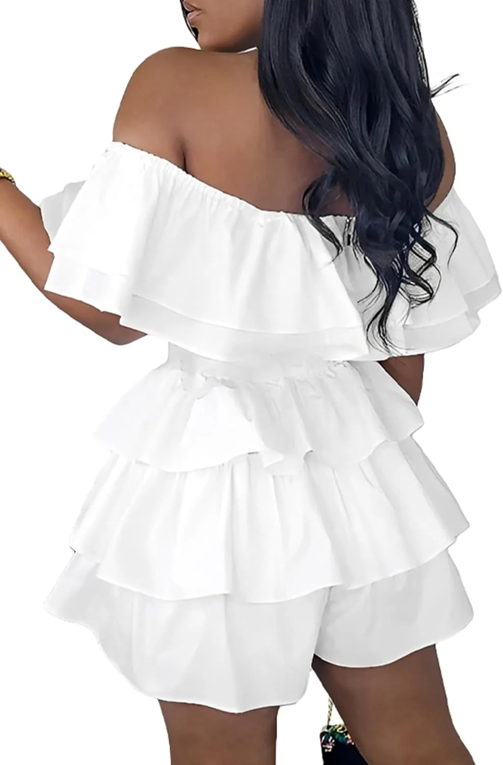 Womens Boho off Shoulder Rompers Summer Ruffle Dresses Short Sleeve Tiered Short Jumpsuits
