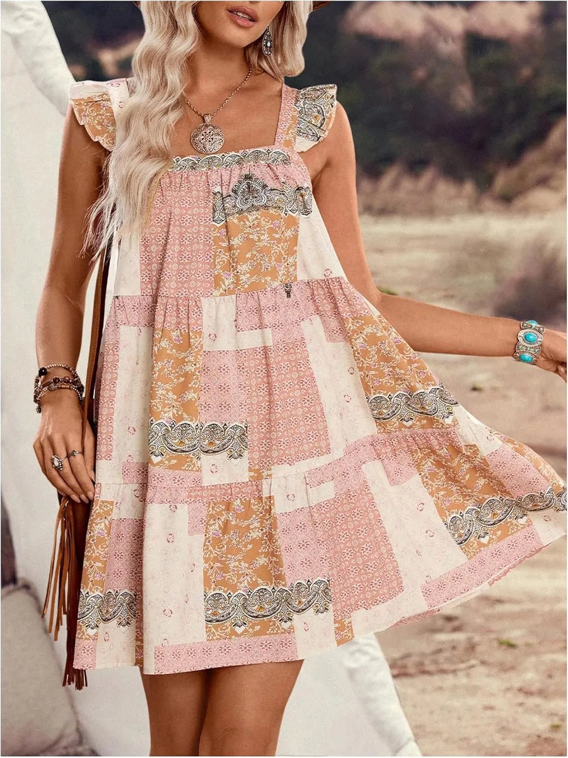Women's Boho Short Dress Ruffle Sleeveless Square Neck Vacation Flowy Smock Mini Dress Festival Rave Outfits
