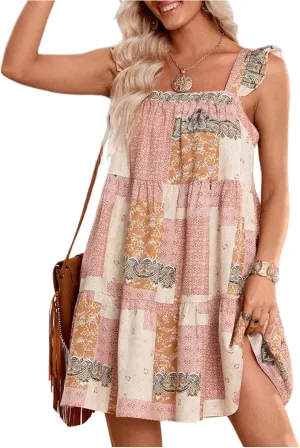 Women's Boho Short Dress Ruffle Sleeveless Square Neck Vacation Flowy Smock Mini Dress Festival Rave Outfits